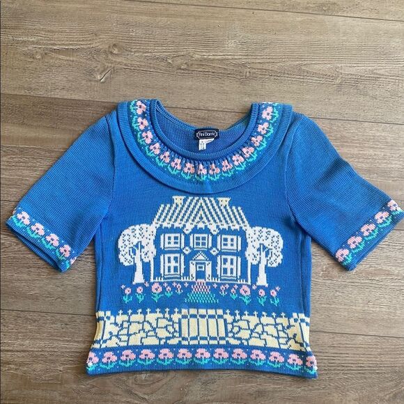 Vintage Ani Barrie Blue Short Sleeve Sweater w Kitschy House & Floral Design - Picture 1 of 4